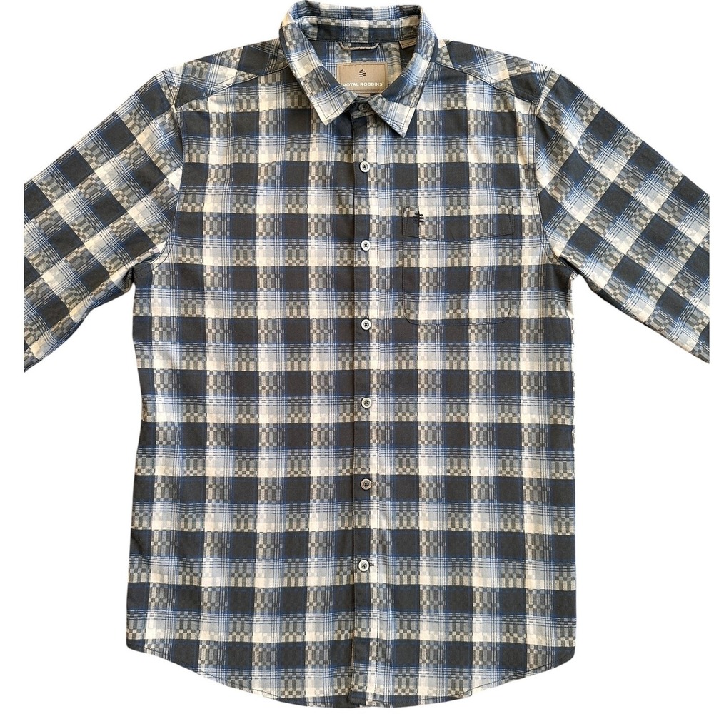 Royal Robbins Plaid Button Down Mens Large‎ Blue Active Fit Y422007 Excellent